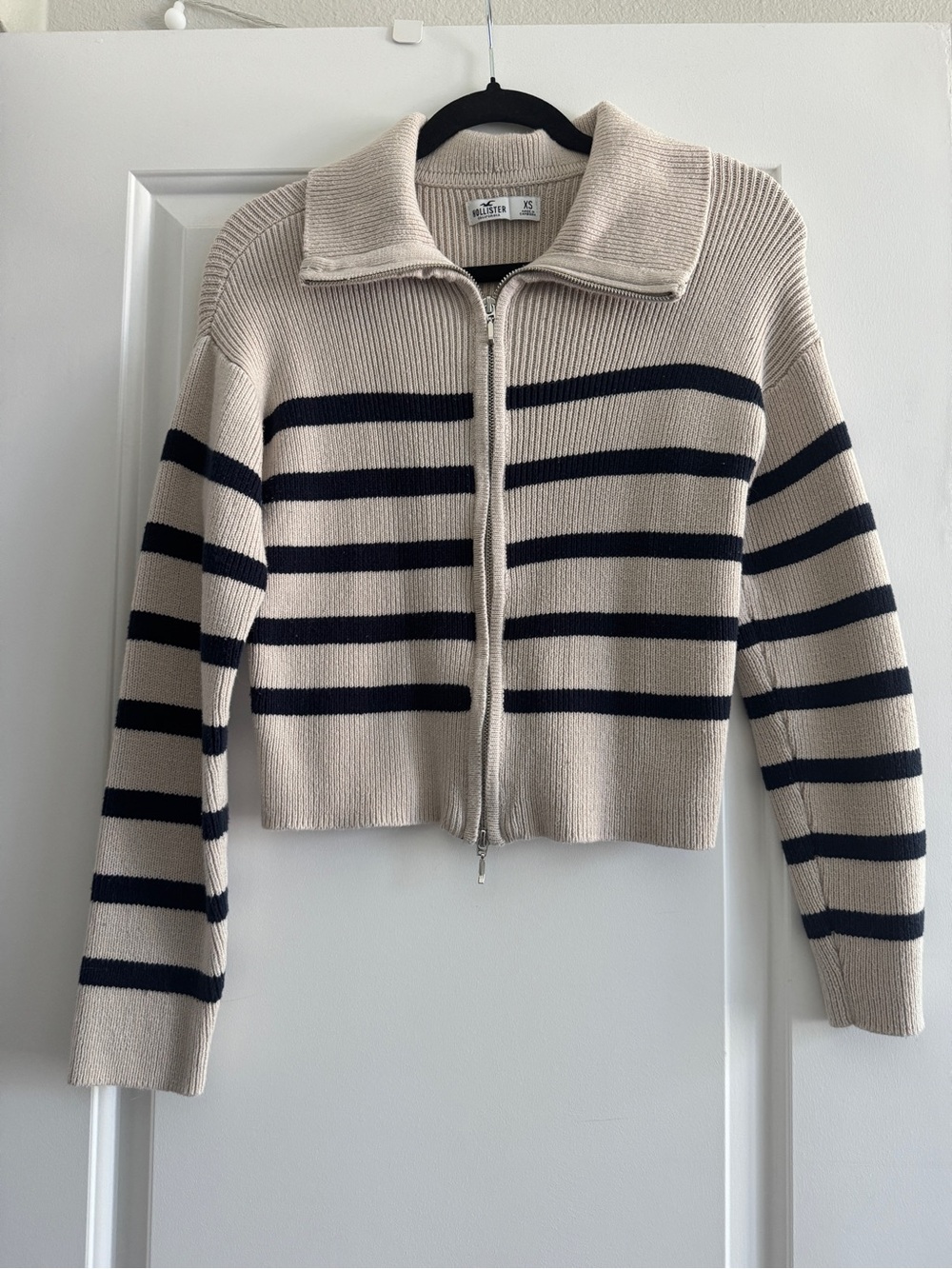 Hollister Womens Full Zip Striped Ribbed Knit Crop Sweater Beige Navy XS